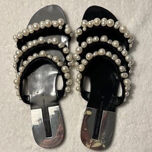 Zara Black Pearl-Trim Velvet Slide Sandals
